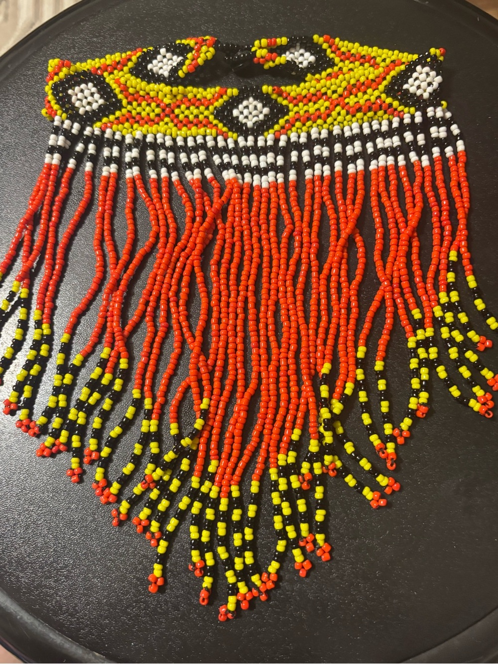 Handcrafted Orange, Yellow & Black‎ Beaded Fringe Necklace